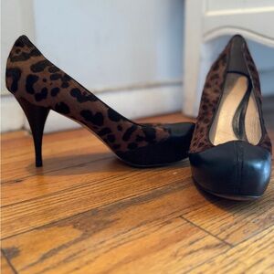 FENDI 38 1/2 Black, Leather & Calf-Hair Leopard Print Heels